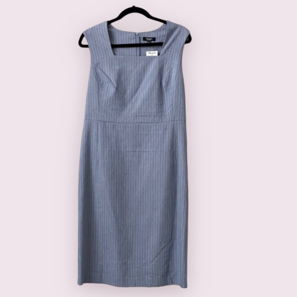 NEW Premise Women Linen Blend Blue White Pinstripe Square Neck Sheath Dress SZ 8